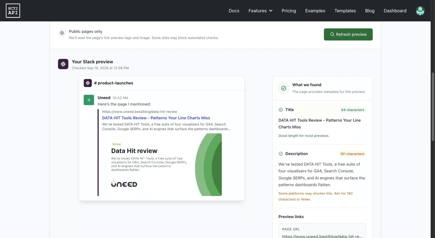 The free Social Card Previewer: a Slack-shaped unfurl on the left, a per-field audit with character counts on the right.