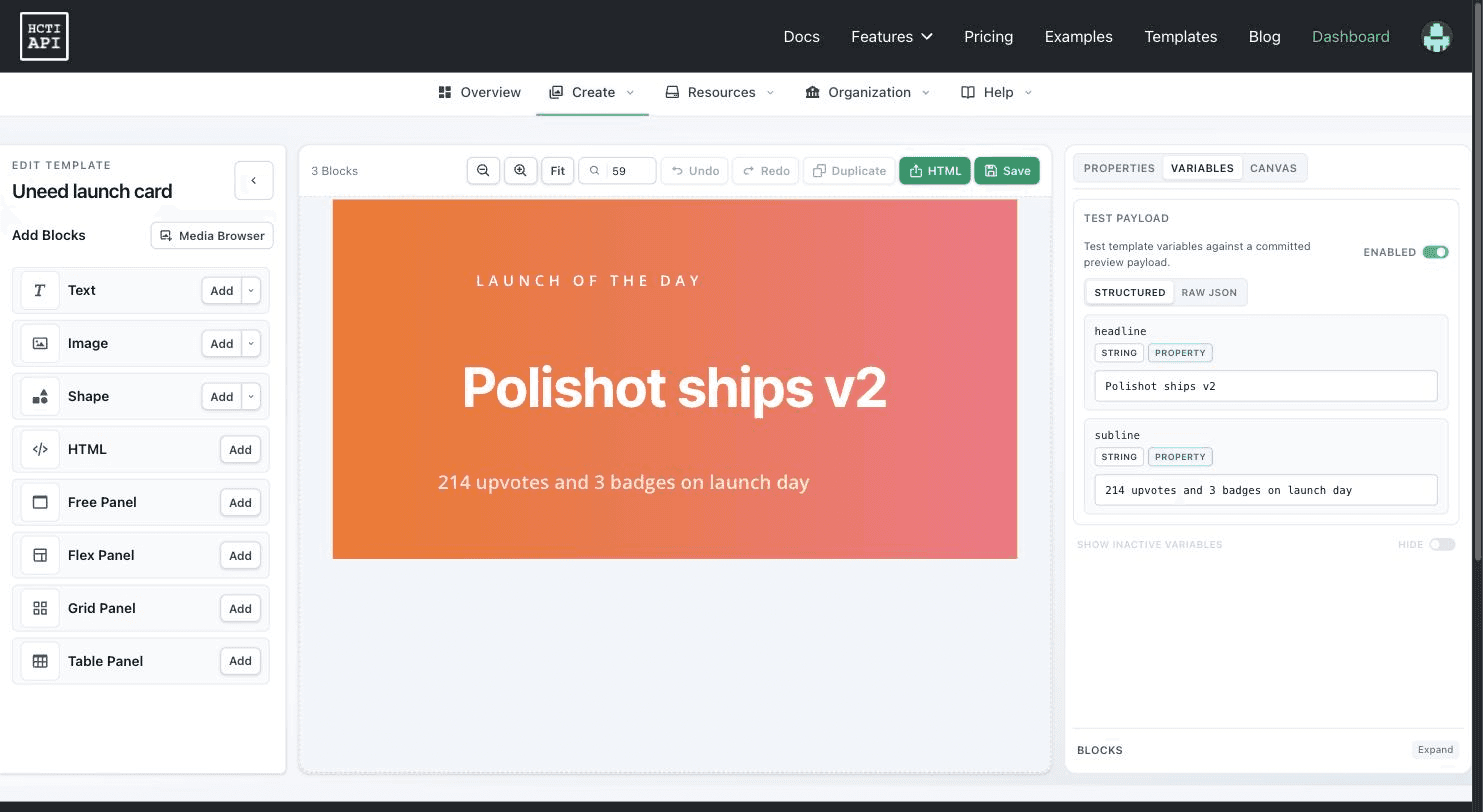 The Template Editor: canvas on the left, the Variables tab with a live test payload on the right.
