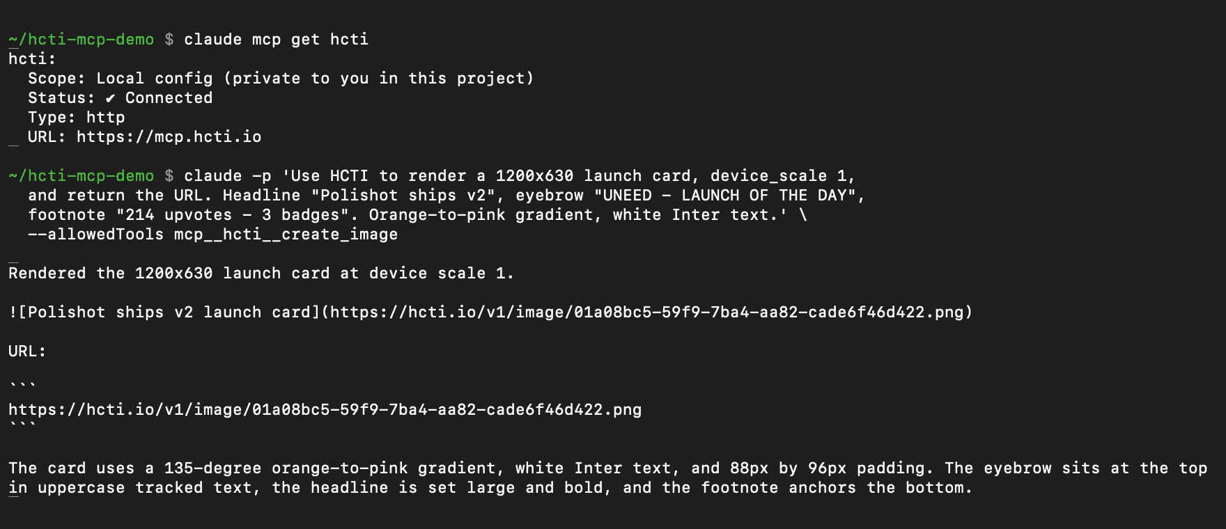 Claude Code connected to the HCTI MCP server, rendering a launch card from a one-line prompt and returning a hosted URL.