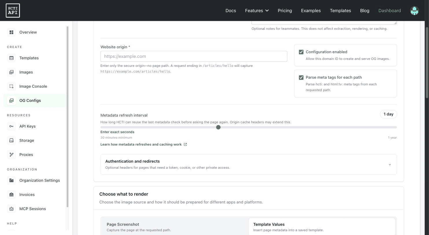 Configuring dynamic OG images: origin, metadata refresh window from 30 minutes to a year, and a choice between capturing the page or filling a template.
