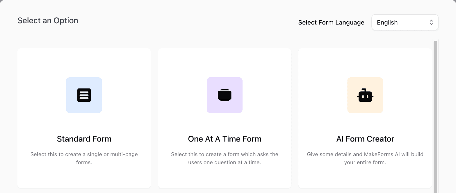 Picking a format when creating a form: Standard, One At A Time, or let the AI build it.