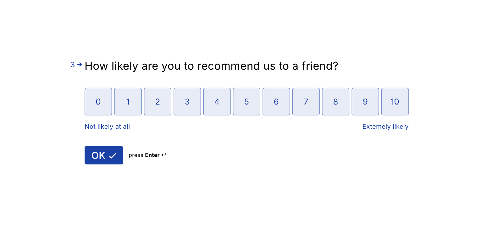 The live one-question-at-a-time form, on the NPS step.