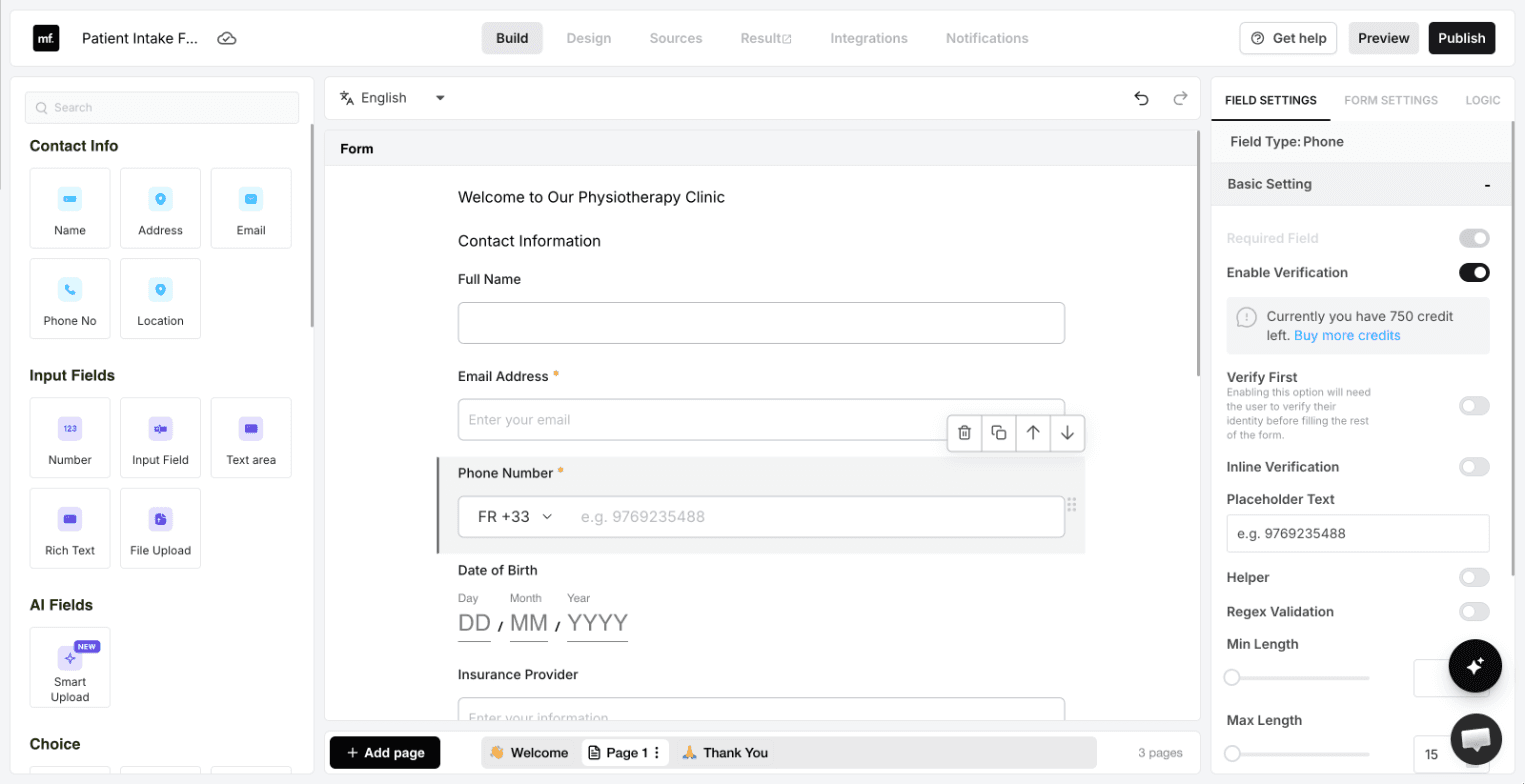 Verification settings on a phone field: Verify First, Inline Verification, and the credit balance.