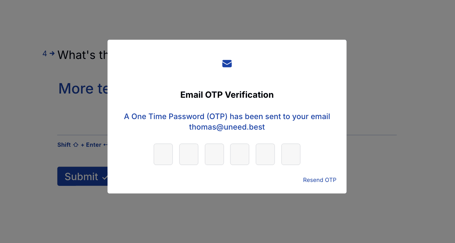 What a respondent sees on submit: a six-digit code sent to the email they entered.
