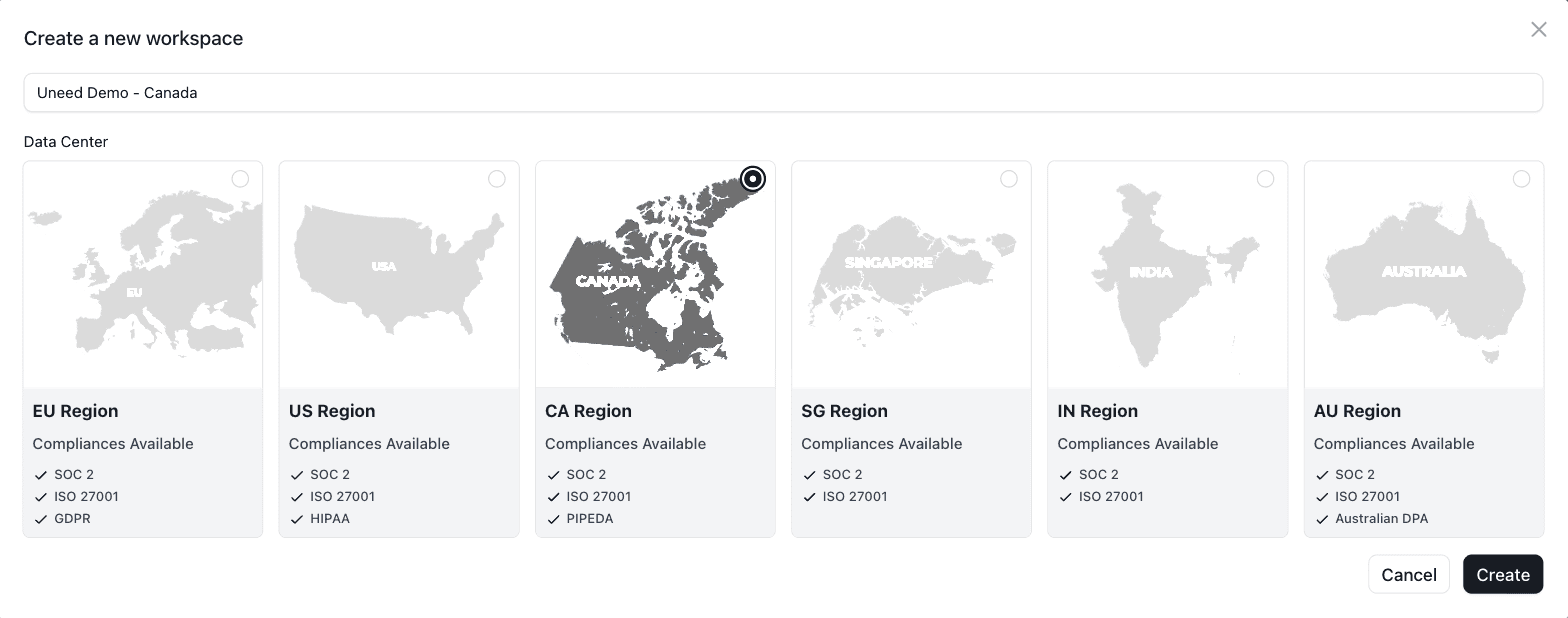 Creating a workspace: pick a data region and see which compliance frameworks come with it.