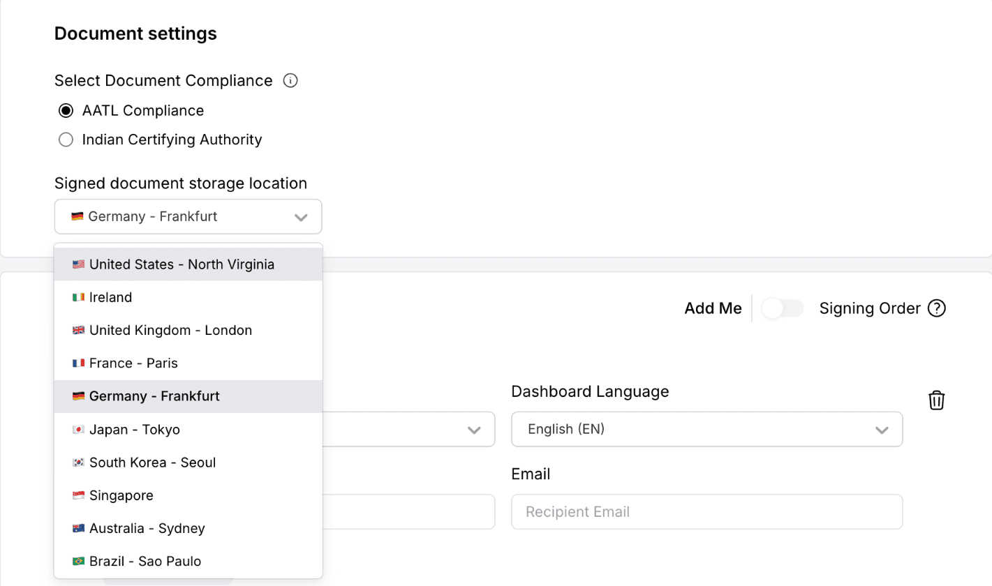 Document settings: signature standard and the storage location for the signed file.