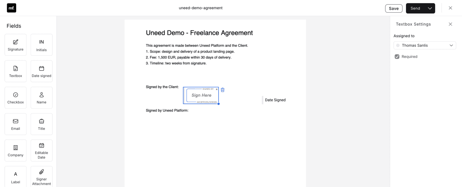 Placing a signature and a signing date on my test agreement.