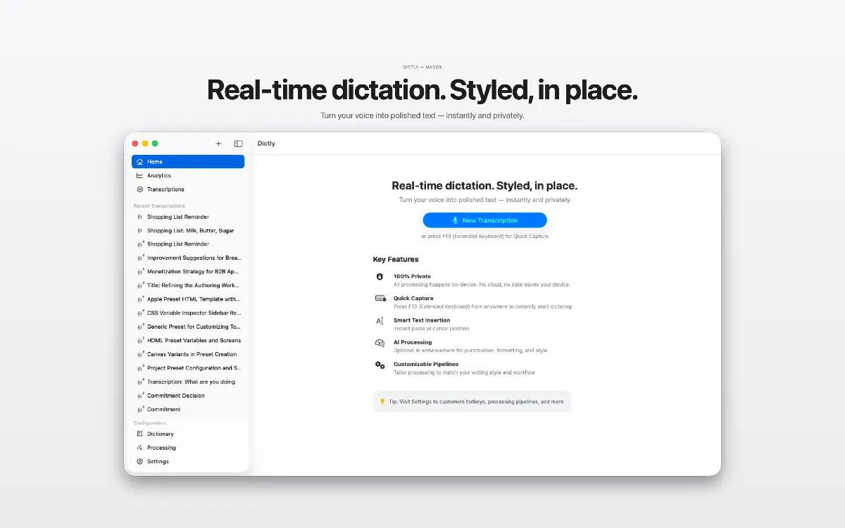 Dictly — On‑device dictation screenshot 1